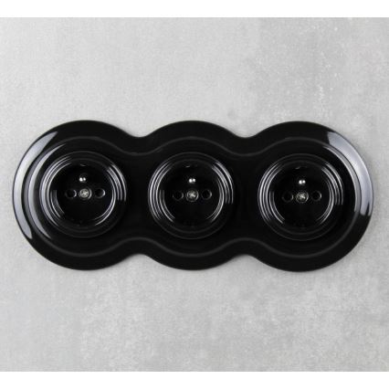 Elhard - Priză triplă ceramică retro pentru uz casnic, cu ramă, 230V, neagră