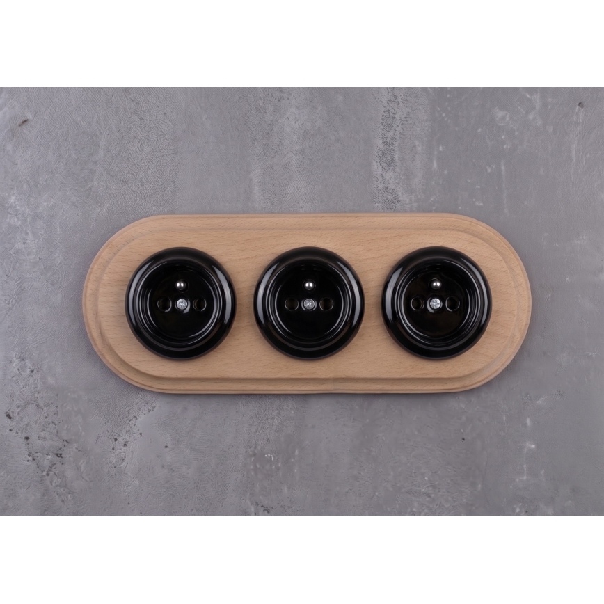 Elhard - Priză retro ceramică triplă pentru locuință cu ramă 230V, negru/lemn deschis