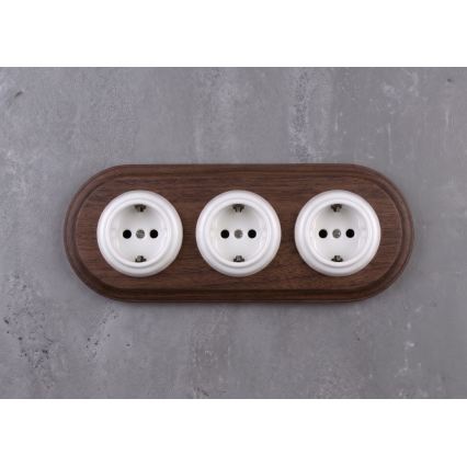 Elhard - Priză ceramică retro triplă de perete cu ramă SCHUKO 230V alb/lemn închis