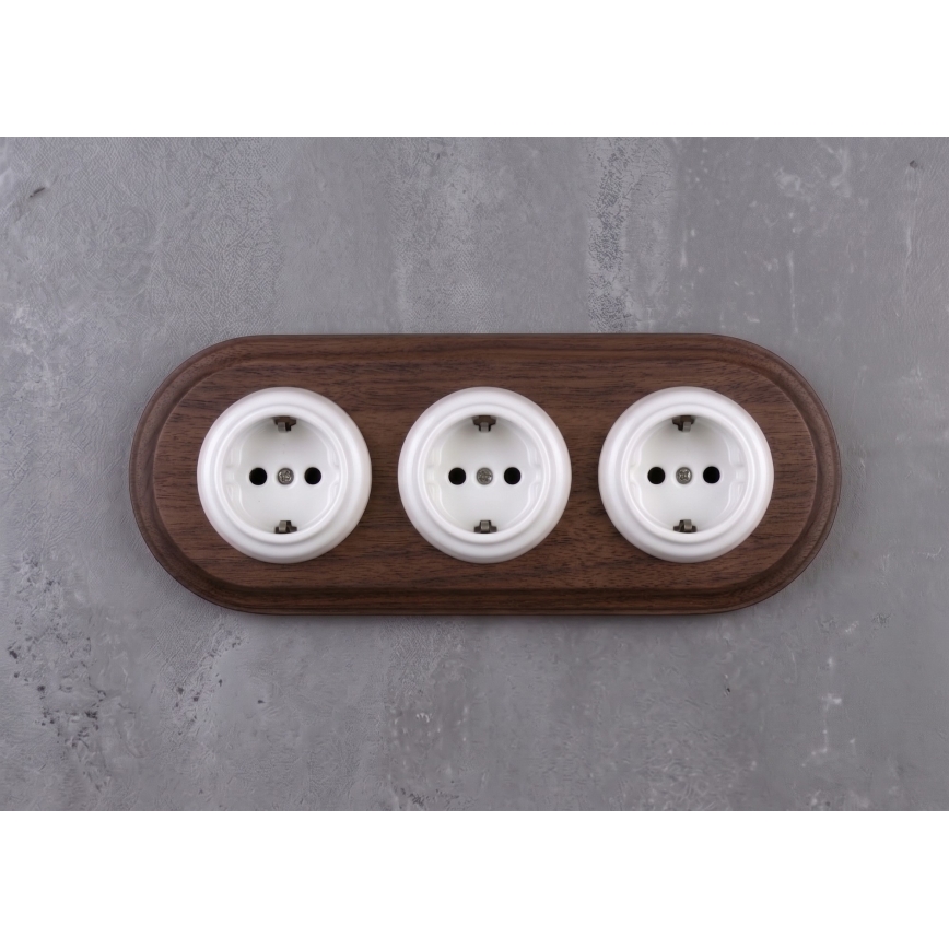 Elhard - Priză ceramică retro triplă de perete cu ramă SCHUKO 230V alb/lemn închis