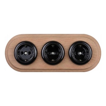 Elhard - Priză triplă ceramică retro pentru uz casnic, cu ramă SCHUKO 230V, negru/lemn deschis