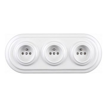 Elhard - Priză triplă retro din ceramică pentru perete, cu ramă, 230V, albă