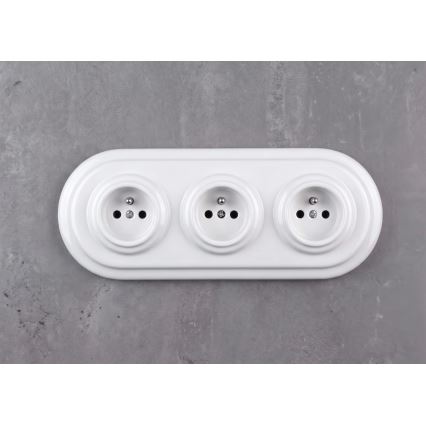 Elhard - Priză triplă retro din ceramică pentru perete, cu ramă, 230V, albă