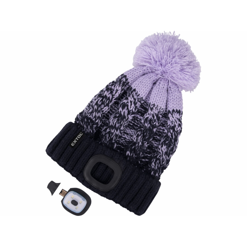 Extol - Căciulă cu lanternă frontală și încărcare USB, acumulator reîncărcabil 300 mAh, albastru/mov, cu pompon, mărime unică