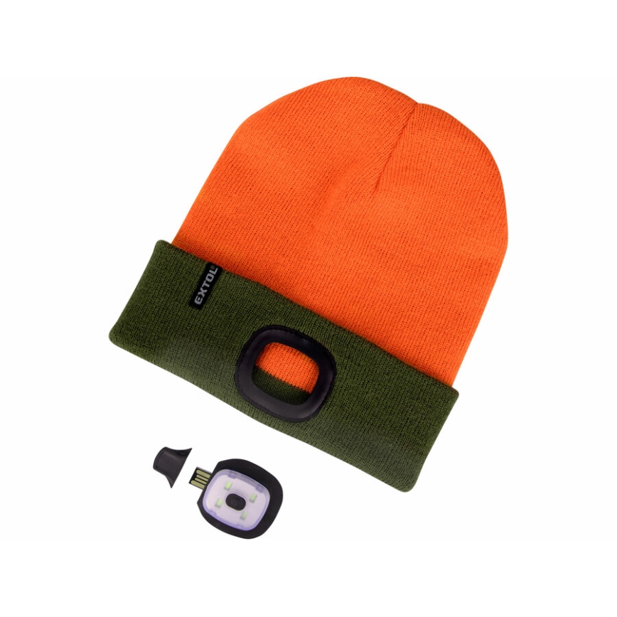Extol - Căciulă cu lampă frontală și încărcare USB, 300 mAh, portocaliu neon/verde, mărime UNI