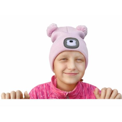 Extol - Căciulă pentru copii cu lampă frontală și încărcare USB (acumulator 250 mAh), roz cu ciucuri