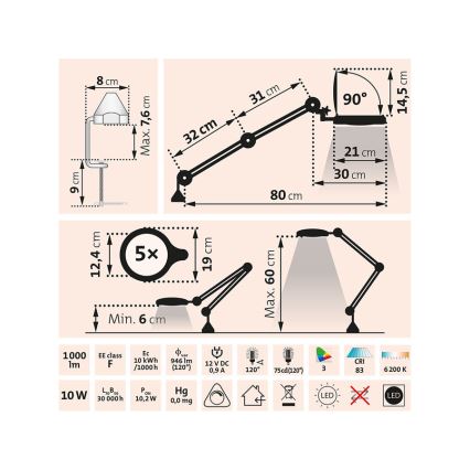 Extol - Lampă de birou LED reglabilă cu lupă LED/10W/230V, albă
