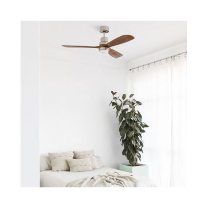 FARO 33518DC - Ventilator de tavan LANTAU cu LED, 15 W, 230 V, Ø 132 cm, crom mat/lemn, cu telecomandă