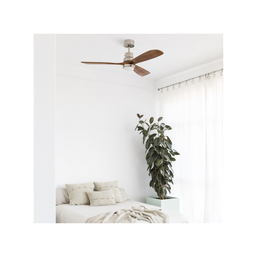 FARO 33518DC - Ventilator de tavan LANTAU cu LED, 15 W, 230 V, Ø 132 cm, crom mat/lemn, cu telecomandă