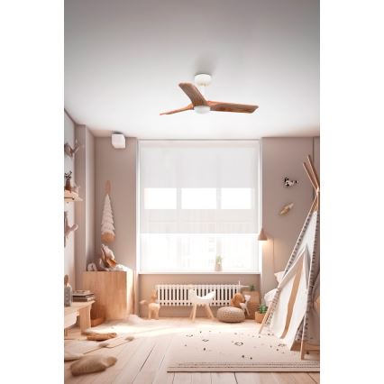 FARO 33805-1TW - Ventilator de tavan dimabil HEYWOOD S cu LED, 10W, 230V, 2700/3000/4000K, finisaj lemn/alb, Ø 90 cm + telecomandă