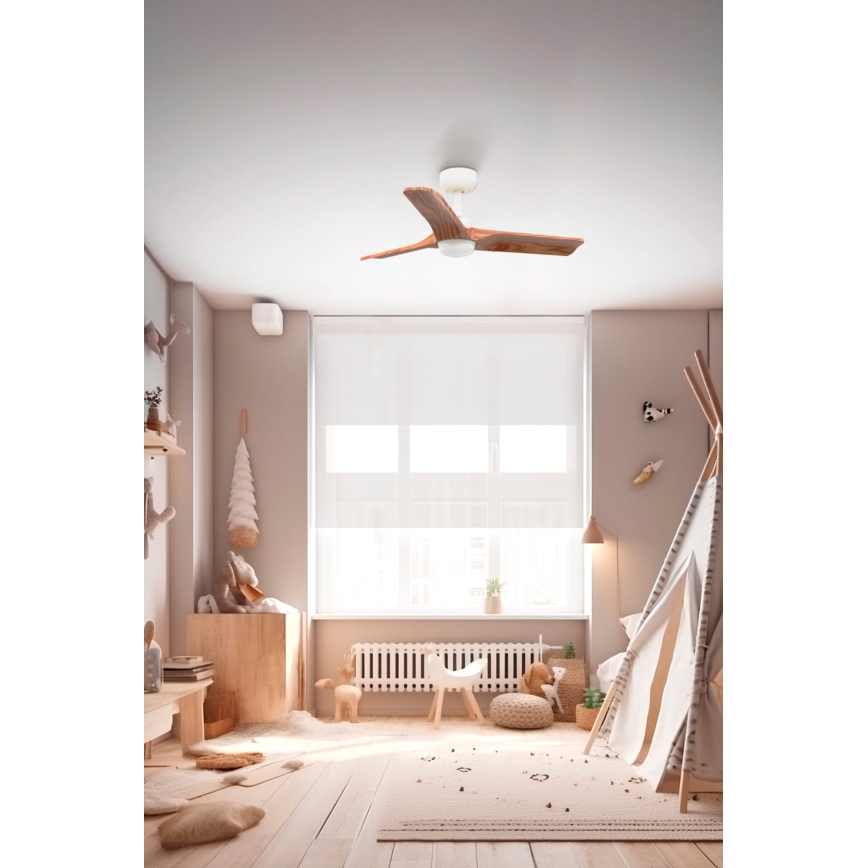 FARO 33805-1TW - Ventilator de tavan dimabil HEYWOOD S cu LED, 10W, 230V, 2700/3000/4000K, finisaj lemn/alb, Ø 90 cm + telecomandă