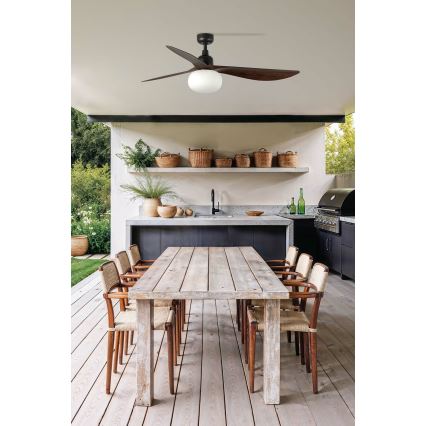 FARO 34362WT-11L - Ventilator de tavan OUTWOOD L, 1x E27 (max. 15 W), 230 V, maro/negru, Ø 150 cm, Wi‑Fi Tuya, IP44, telecomandă inclusă