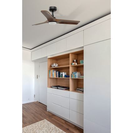 FARO 33806WT1S - Ventilator de tavan cu LED reglabil HEYWOOD S, LED 10W/230V, 2700/3000/4000K, Ø90 cm, lemn/negru, Wi‑Fi Tuya + telecomandă