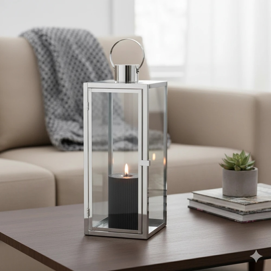 Felinar decorativ TOWER 29 cm, crom lucios