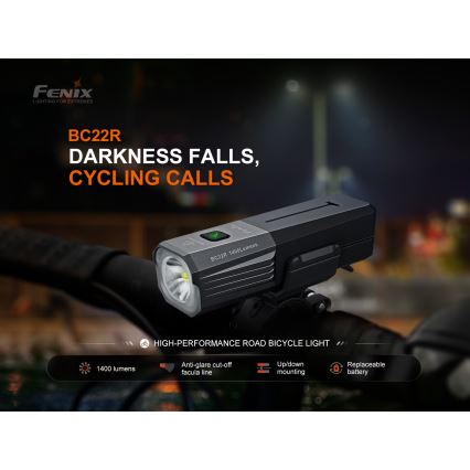Fenix BC22R - Lampă LED reîncărcabilă pentru bicicletă, cu reglare a intensității luminoase, LED/USB, 3400 mAh, IP66, 1400 lm, autonomie 41 h, negru
