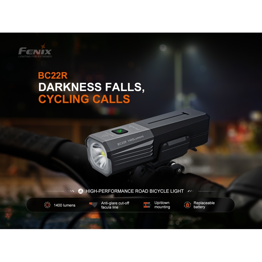 Fenix BC22R - Lampă LED reîncărcabilă pentru bicicletă, cu reglare a intensității luminoase, LED/USB, 3400 mAh, IP66, 1400 lm, autonomie 41 h, negru