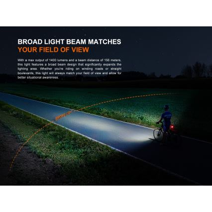 Fenix BC22R - Lampă LED reîncărcabilă pentru bicicletă, cu reglare a intensității luminoase, LED/USB, 3400 mAh, IP66, 1400 lm, autonomie 41 h, negru