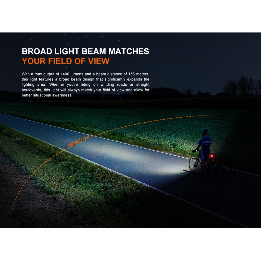 Fenix BC22R - Lampă LED reîncărcabilă pentru bicicletă, cu reglare a intensității luminoase, LED/USB, 3400 mAh, IP66, 1400 lm, autonomie 41 h, negru
