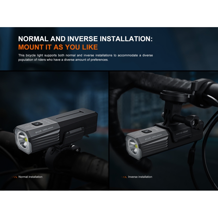 Fenix BC22R - Lampă LED reîncărcabilă pentru bicicletă, cu reglare a intensității luminoase, LED/USB, 3400 mAh, IP66, 1400 lm, autonomie 41 h, negru