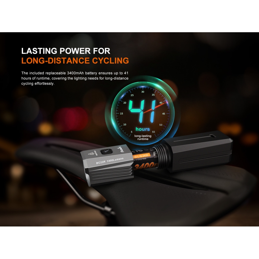 Fenix BC22R - Lampă LED reîncărcabilă pentru bicicletă, cu reglare a intensității luminoase, LED/USB, 3400 mAh, IP66, 1400 lm, autonomie 41 h, negru