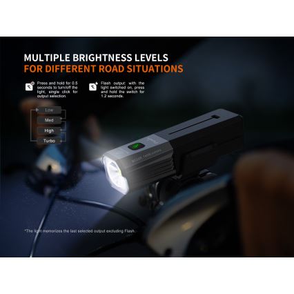 Fenix BC22R - Lampă LED reîncărcabilă pentru bicicletă, cu reglare a intensității luminoase, LED/USB, 3400 mAh, IP66, 1400 lm, autonomie 41 h, negru