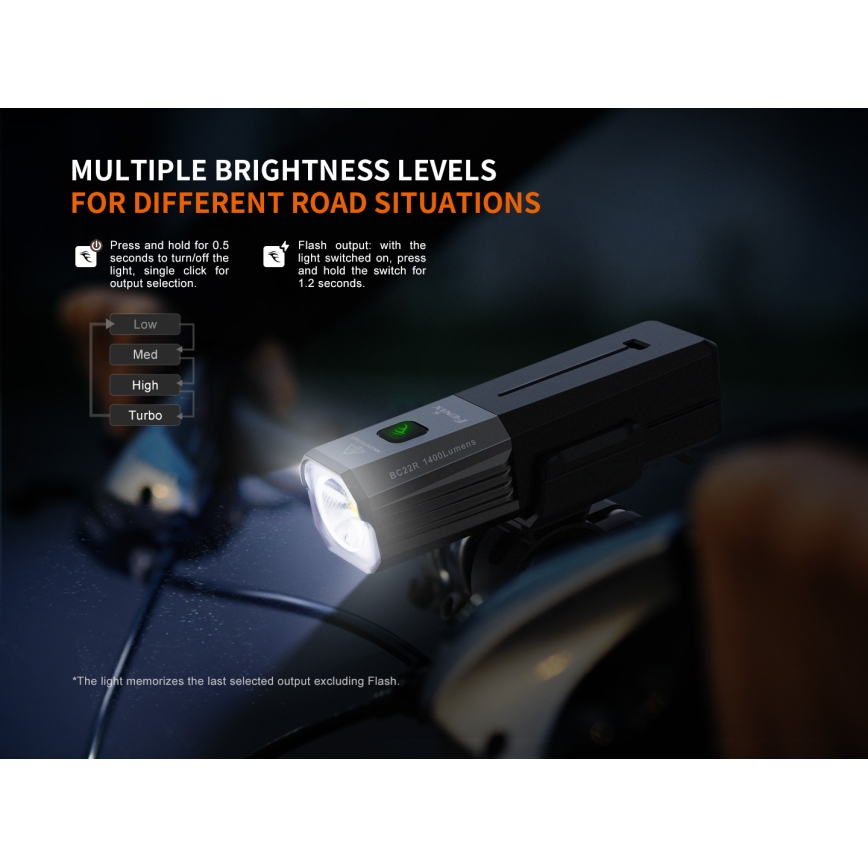 Fenix BC22R - Lampă LED reîncărcabilă pentru bicicletă, cu reglare a intensității luminoase, LED/USB, 3400 mAh, IP66, 1400 lm, autonomie 41 h, negru