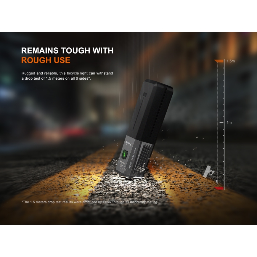 Fenix BC22R - Lampă LED reîncărcabilă pentru bicicletă, cu reglare a intensității luminoase, LED/USB, 3400 mAh, IP66, 1400 lm, autonomie 41 h, negru