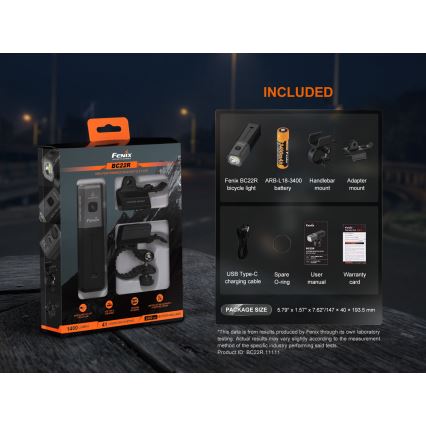 Fenix BC22R - Lampă LED reîncărcabilă pentru bicicletă, cu reglare a intensității luminoase, LED/USB, 3400 mAh, IP66, 1400 lm, autonomie 41 h, negru