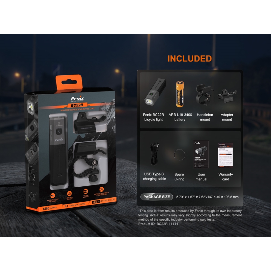 Fenix BC22R - Lampă LED reîncărcabilă pentru bicicletă, cu reglare a intensității luminoase, LED/USB, 3400 mAh, IP66, 1400 lm, autonomie 41 h, negru