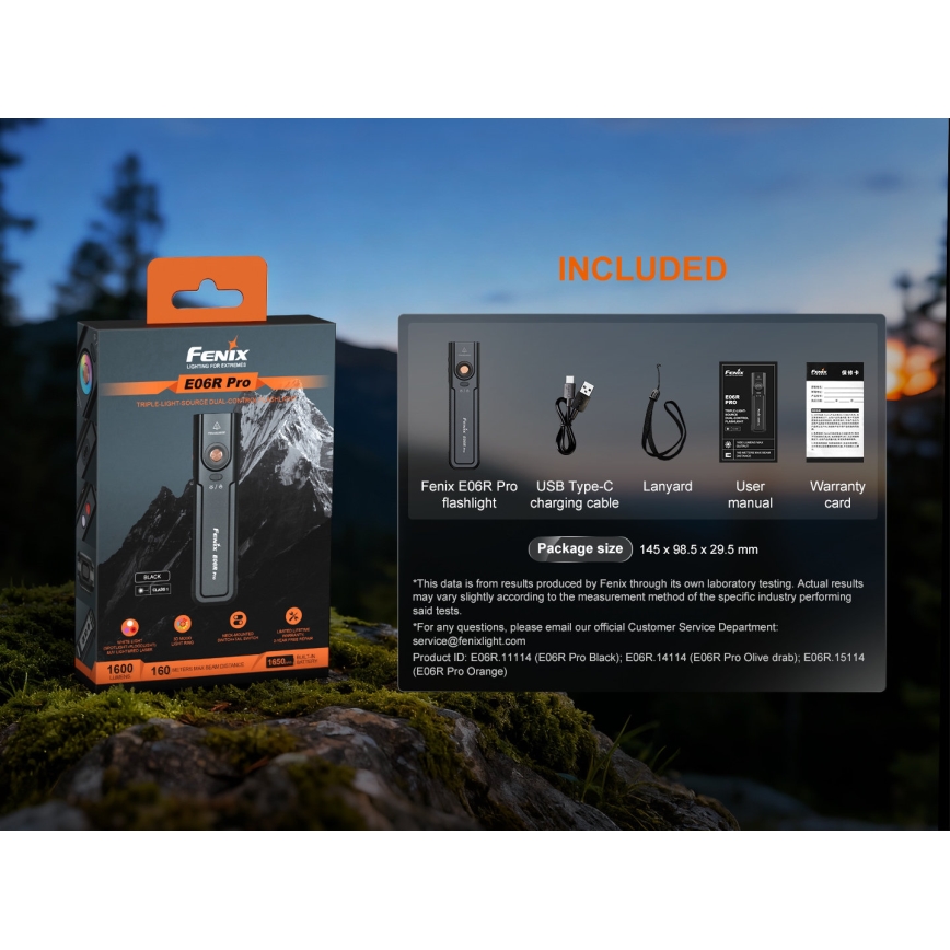 Fenix E06R PRO EUBLC - Lanternă LED reîncărcabilă reglabilă, LED/USB, 1650 mAh, IP66, 1600 lm, 111 h, neagră