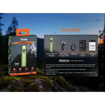 Fenix E06RPROEUOLI - Lanternă LED reîncărcabilă cu reglare a intensității, încărcare USB, 1650 mAh, IP66, 1600 lm, 111 ore, verde