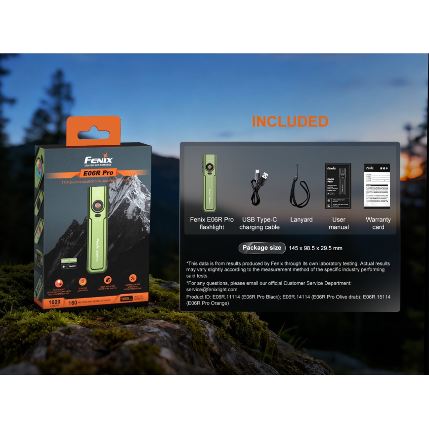 Fenix E06RPROEUOLI - Lanternă LED reîncărcabilă cu reglare a intensității, încărcare USB, 1650 mAh, IP66, 1600 lm, 111 ore, verde