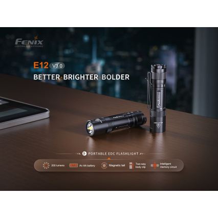 Fenix E12V30 - Lanternă LED reîncărcabilă, reglabilă, 1xAA, 2000 mAh, IP68, 200 lm, 100 h, negru