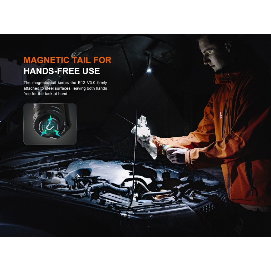 Fenix E12V30 - Lanternă LED reîncărcabilă, reglabilă, 1xAA, 2000 mAh, IP68, 200 lm, 100 h, negru
