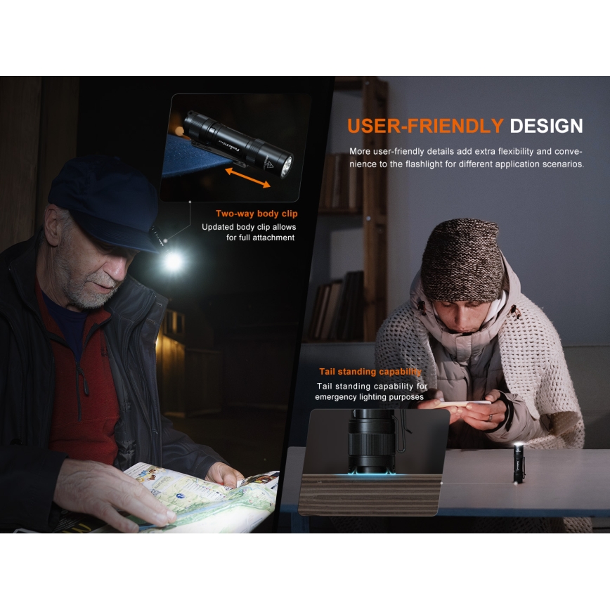 Fenix E12V30 - Lanternă LED reîncărcabilă, reglabilă, 1xAA, 2000 mAh, IP68, 200 lm, 100 h, negru