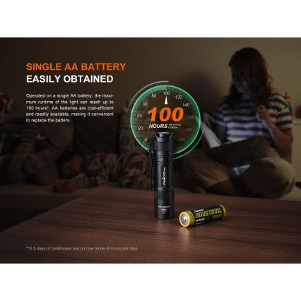 Fenix E12V30 - Lanternă LED reîncărcabilă, reglabilă, 1xAA, 2000 mAh, IP68, 200 lm, 100 h, negru