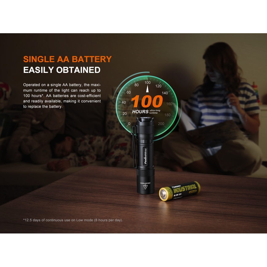 Fenix E12V30 - Lanternă LED reîncărcabilă, reglabilă, 1xAA, 2000 mAh, IP68, 200 lm, 100 h, negru