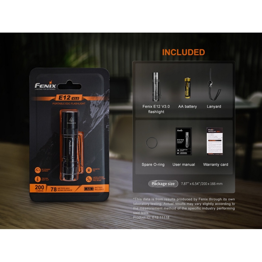 Fenix E12V30 - Lanternă LED reîncărcabilă, reglabilă, 1xAA, 2000 mAh, IP68, 200 lm, 100 h, negru