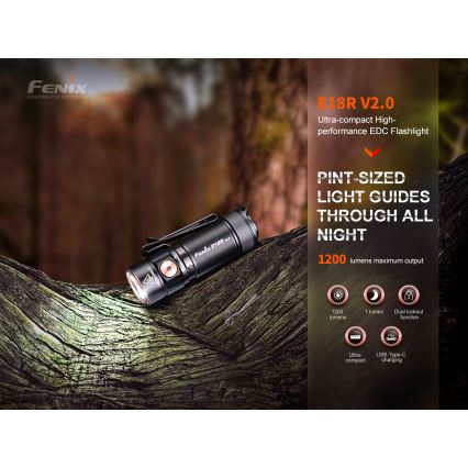 Fenix E18RV20800 - Lanternă LED reîncărcabilă, reglabilă, USB, 1xCR123A, 800 mAh, IP68, 1200 lm, 200 h, negru
