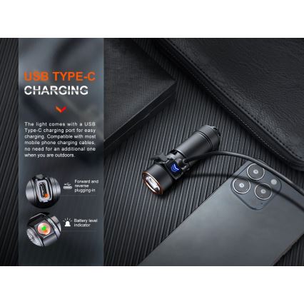 Fenix E18RV20800 - Lanternă LED reîncărcabilă, reglabilă, USB, 1xCR123A, 800 mAh, IP68, 1200 lm, 200 h, negru