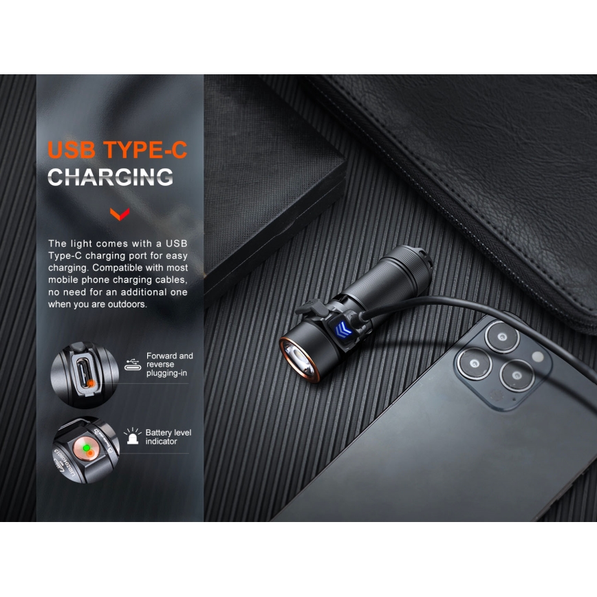 Fenix E18RV20800 - Lanternă LED reîncărcabilă, reglabilă, USB, 1xCR123A, 800 mAh, IP68, 1200 lm, 200 h, negru
