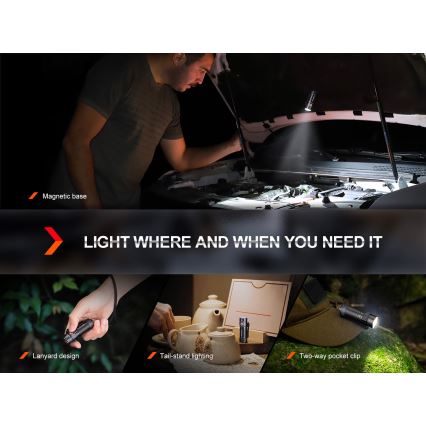 Fenix E18RV20800 - Lanternă LED reîncărcabilă, reglabilă, USB, 1xCR123A, 800 mAh, IP68, 1200 lm, 200 h, negru