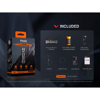Fenix E18RV20800 - Lanternă LED reîncărcabilă, reglabilă, USB, 1xCR123A, 800 mAh, IP68, 1200 lm, 200 h, negru