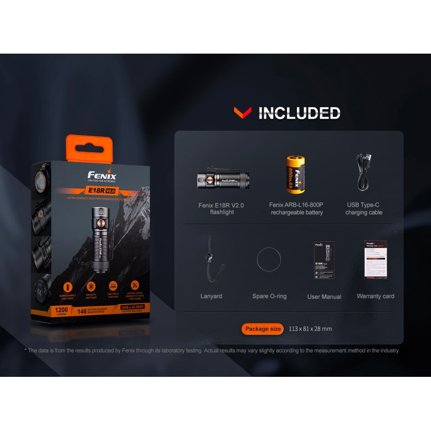 Fenix E18RV20800 - Lanternă LED reîncărcabilă, reglabilă, USB, 1xCR123A, 800 mAh, IP68, 1200 lm, 200 h, negru