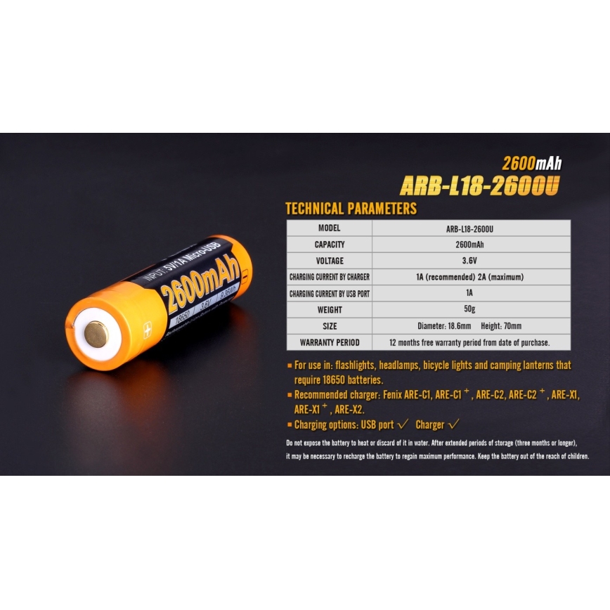 Fenix FE18650LI26USB - Acumulator reîncărcabil USB/3,6 V, 2600 mAh, 1 buc.