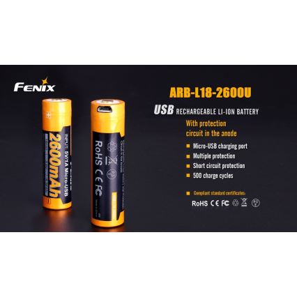 Fenix FE18650LI26USB - Acumulator reîncărcabil USB/3,6 V, 2600 mAh, 1 buc.