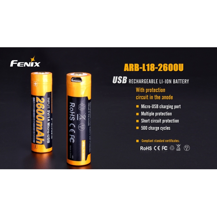 Fenix FE18650LI26USB - Acumulator reîncărcabil USB/3,6 V, 2600 mAh, 1 buc.