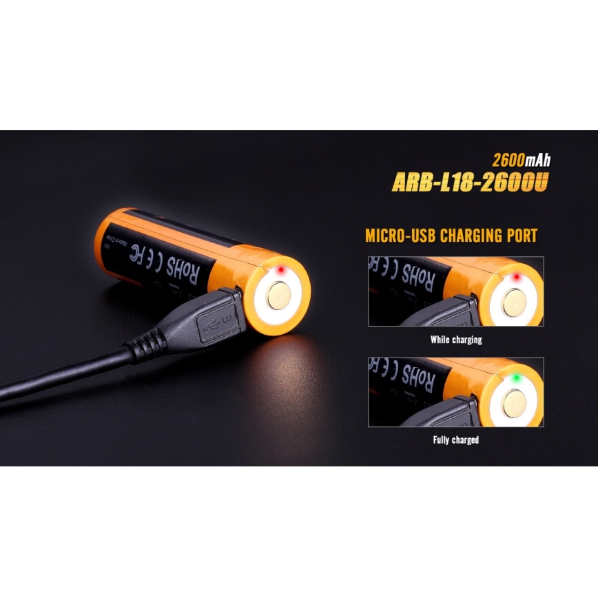 Fenix FE18650LI26USB - Acumulator reîncărcabil USB/3,6 V, 2600 mAh, 1 buc.