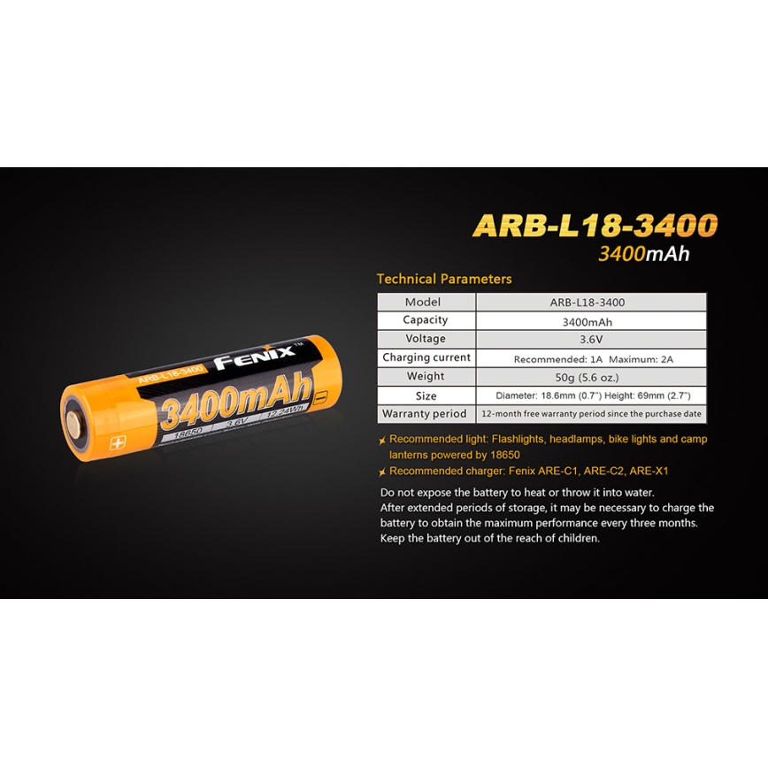 Fenix FE18650LI34 - acumulator Li-ion reîncărcabil 18650, 3,6 V, 3400 mAh, 1 buc.