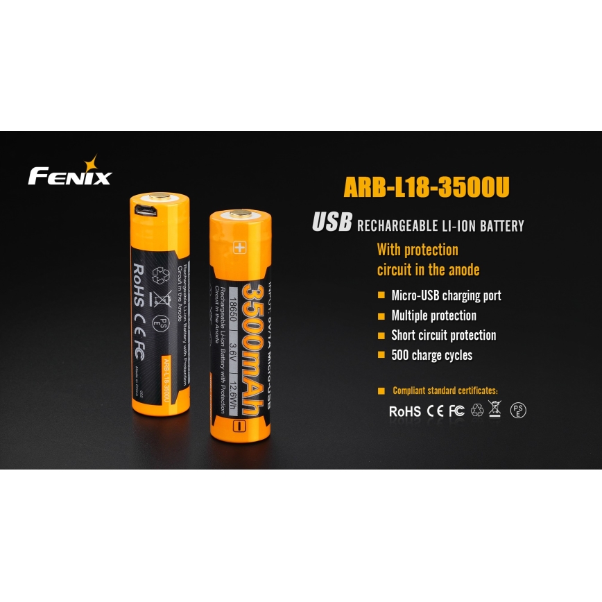 Fenix FE18650LI35USB - Acumulator reîncărcabil USB, 3,6V, 3500 mAh, 1 buc.